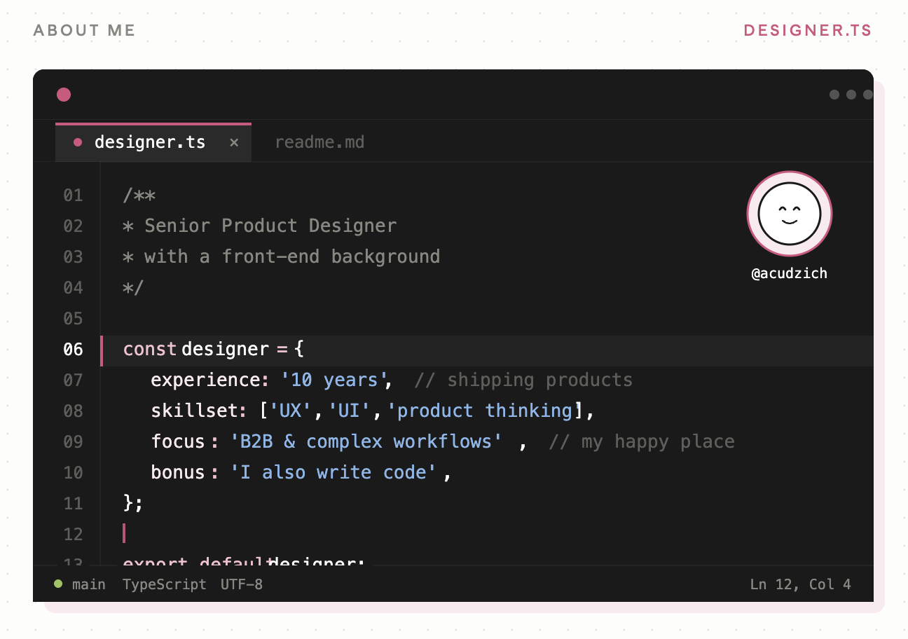 About me hero with experience, front-end background, domain and skillset highlights