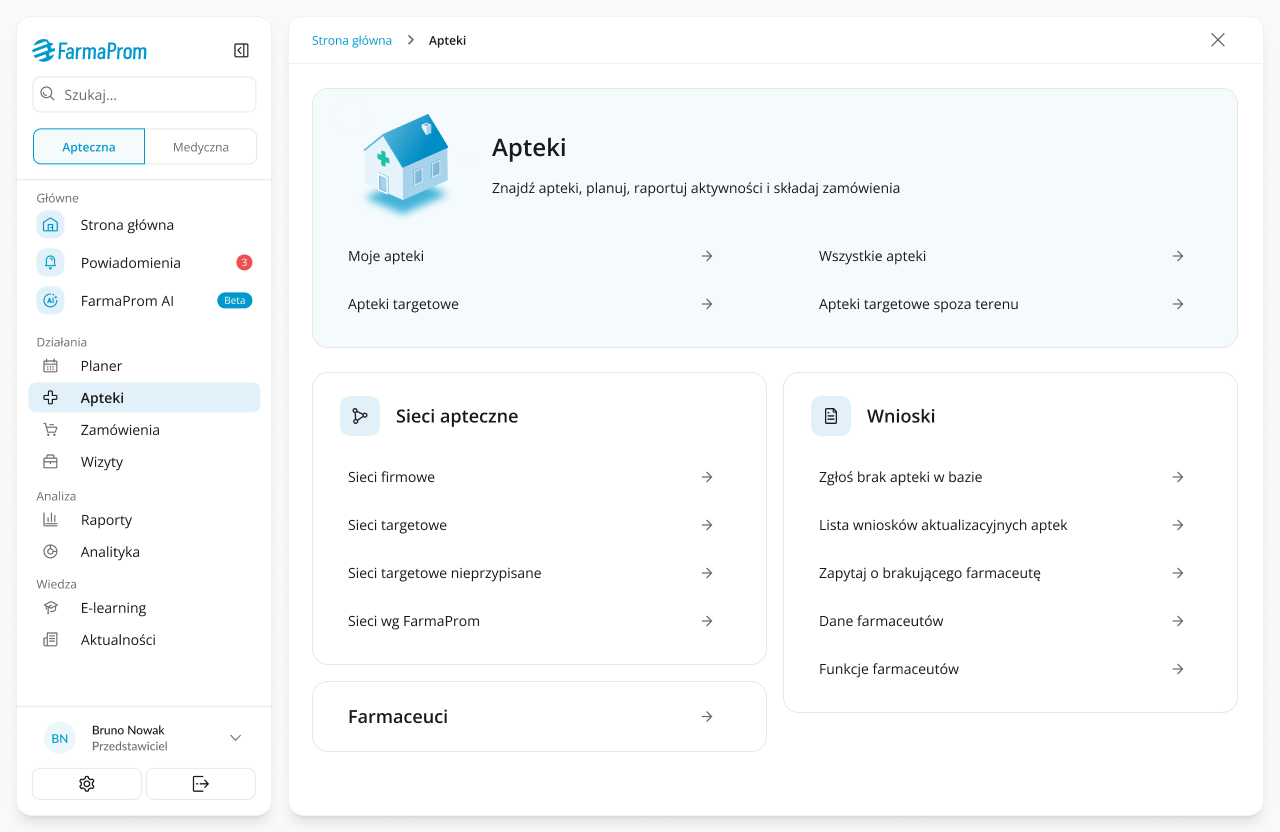 Category landing page for pharmacies with grouped actions and structured sections