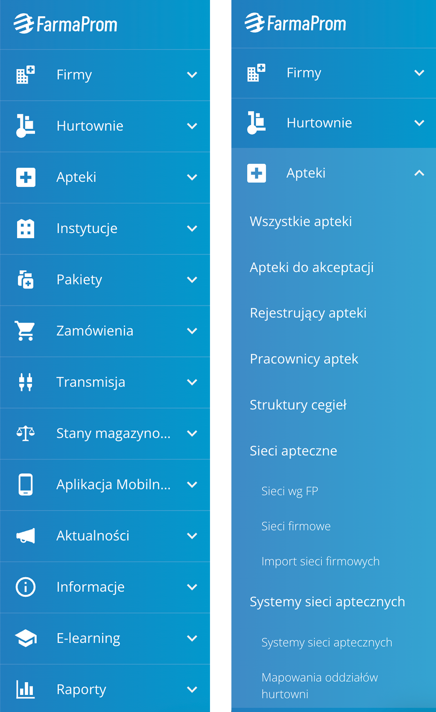 Legacy product navigation showing collapsed and expanded menu states