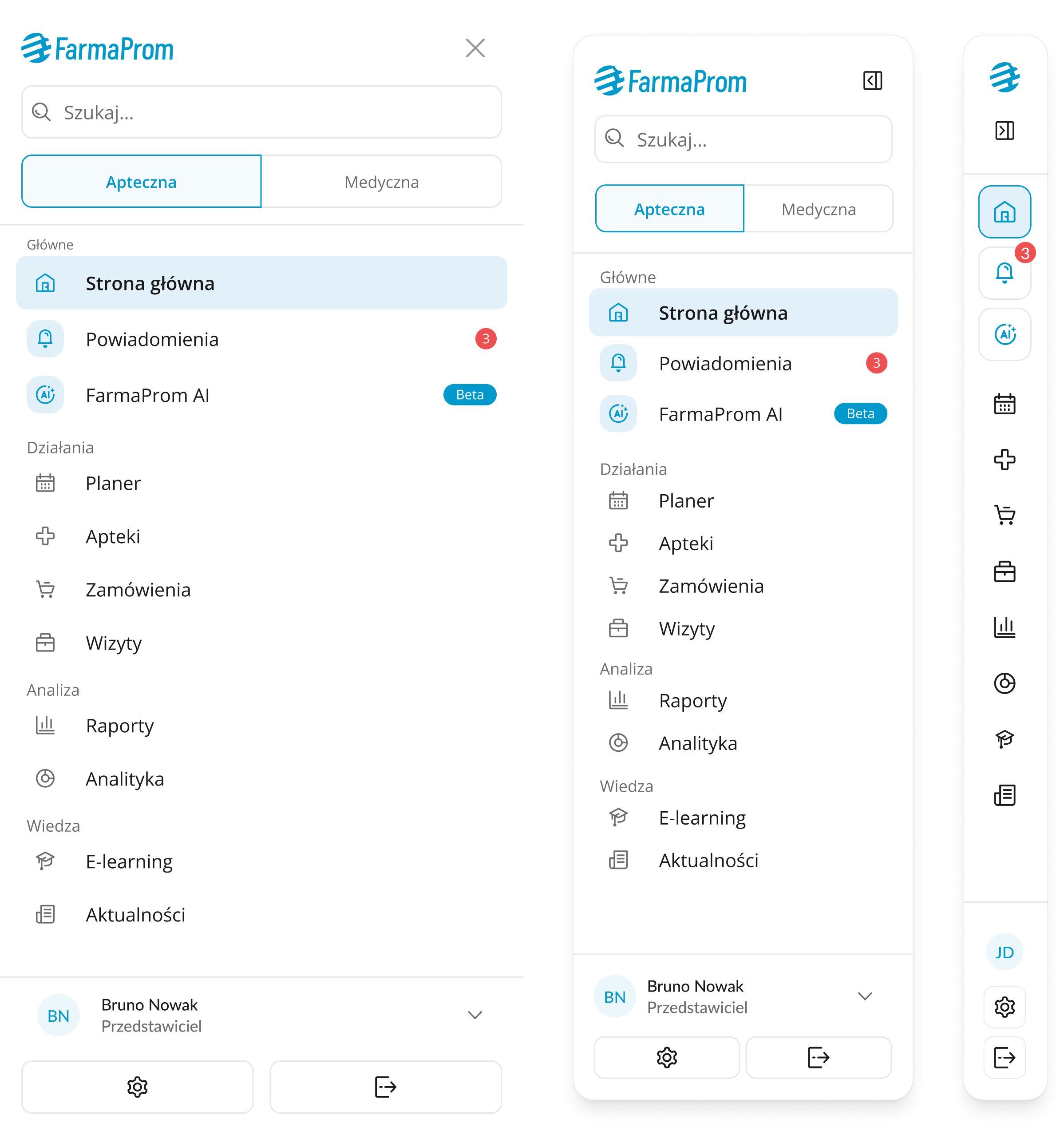 Responsive navigation shown across mobile, expanded and collapsed states